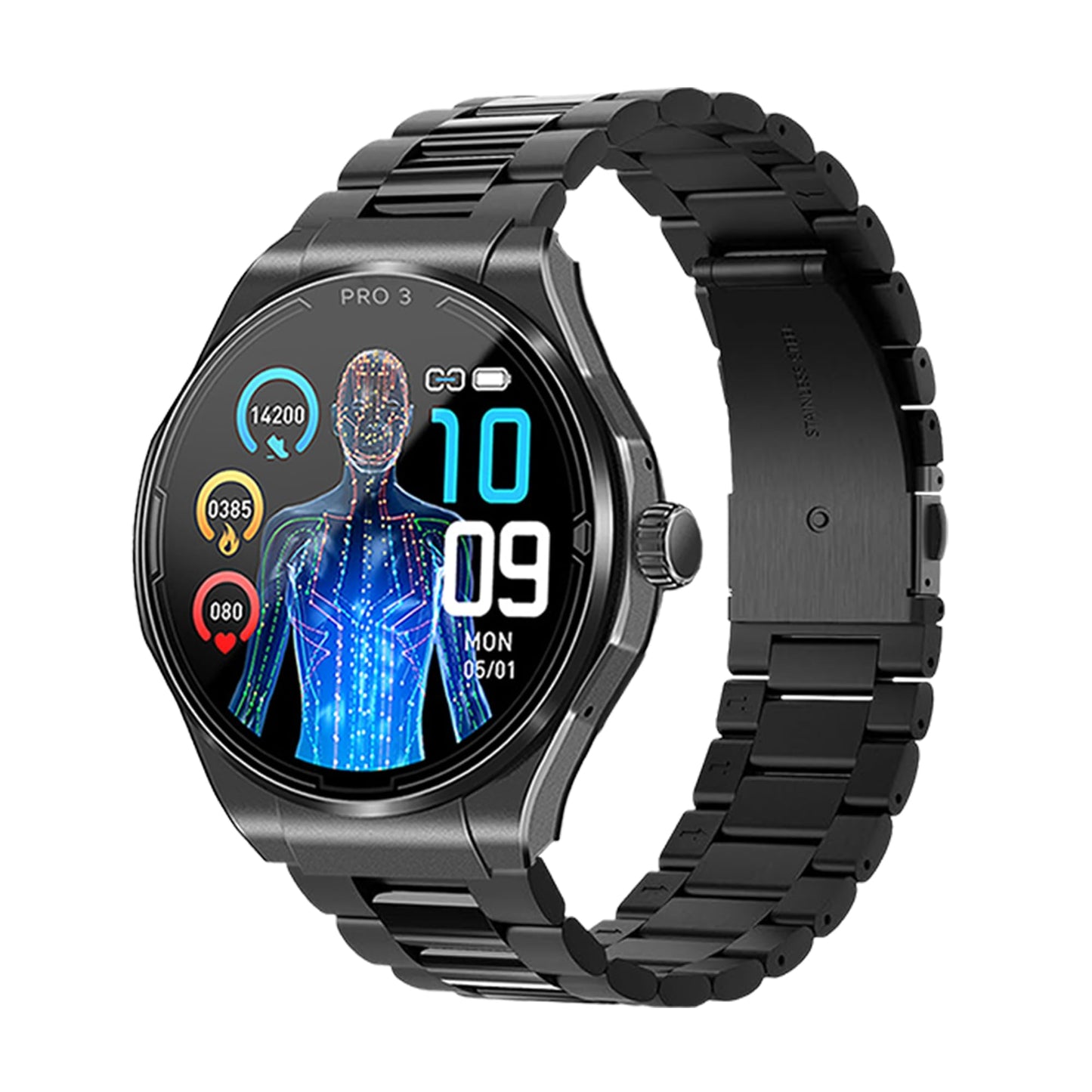 Knauermann PRO 3 (2024) Melns - Veselības pulkstenis ar EKG, HRV, SOS, AMOLED displeju, BT, melna titāna siksna.