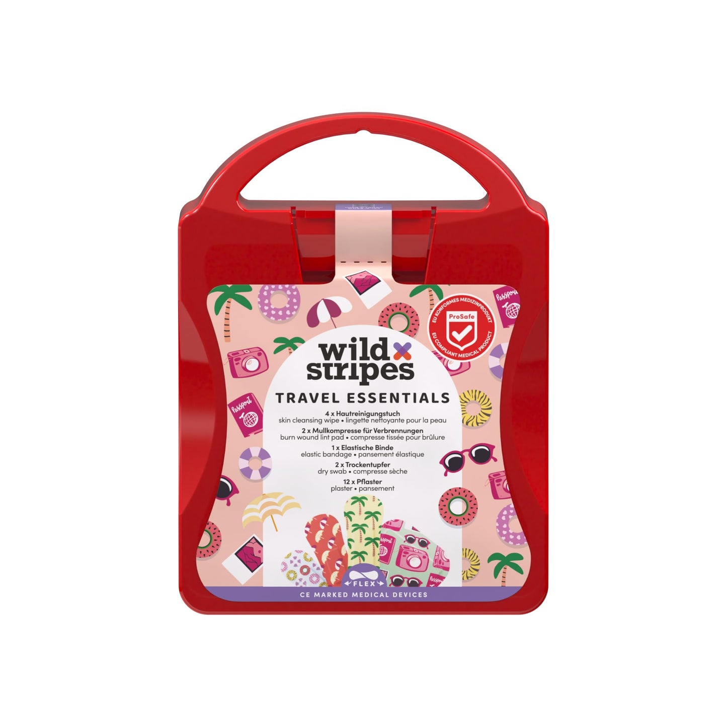 Wild Stripes Pflaster Kit Travel ceļojuma pirmās palīdzības komplekts, mini brūču plāksteri, pārsējs, kompreses un tīrīšanas salvetes, hipoalerģisks, kompakta plāksteru kaste ceļā, First Aid Kid (21 gab.)