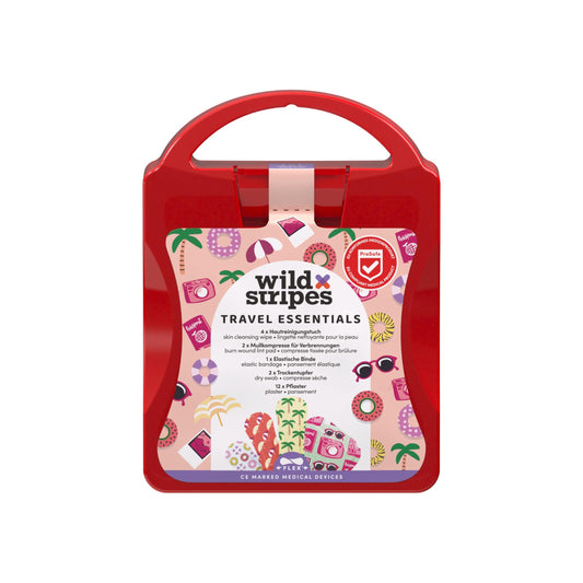 Wild Stripes Pflaster Kit Travel ceļojuma pirmās palīdzības komplekts, mini brūču plāksteri, pārsējs, kompreses un tīrīšanas salvetes, hipoalerģisks, kompakta plāksteru kaste ceļā, First Aid Kid (21 gab.)