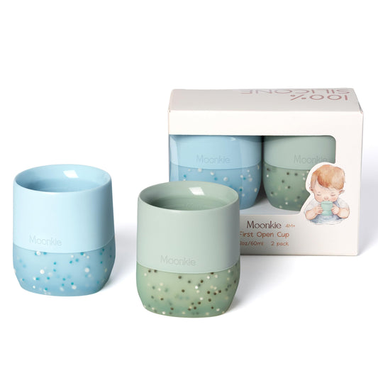 Moonkie kūdikio mokomasis gertuvės puodelis iš silikono | 2 vnt. atviras mokomasis puodelis nuo 4 mėnesių | be BPA | su matavimo skale | 60ml Tiny Cup(Äther/Mint)
