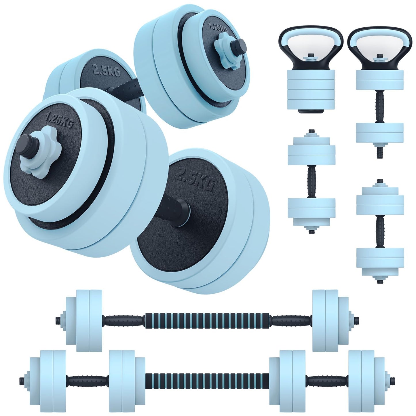 PASYOU regulējams hanteles komplekts 20kg 5 in 1, hanteles, atspiešanās balsti un kettlebell, svaru komplekts ar savienojuma stieni mājas fitnesam