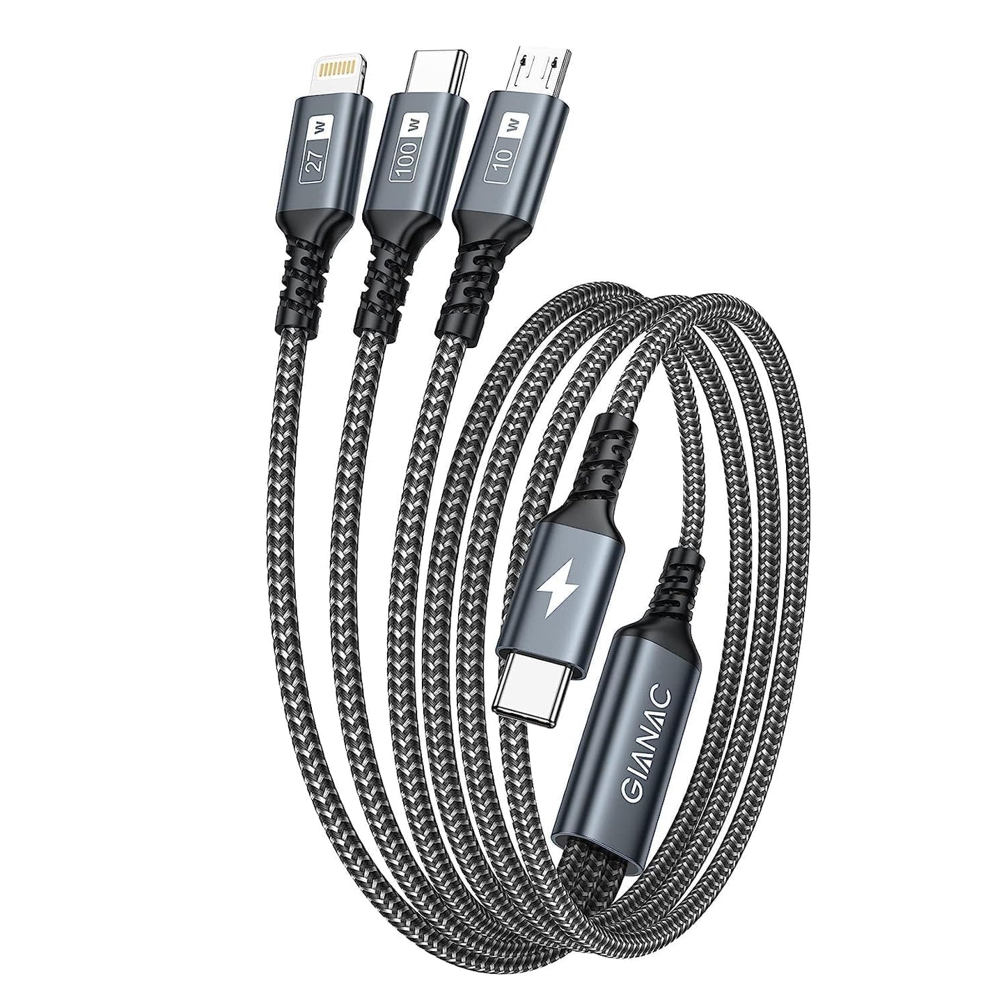 3 vienā USB-C ātrās uzlādes kabelis GIANAC, 1,2 m, 100 W, USB-C, iPhone un Micro USB savienotāji