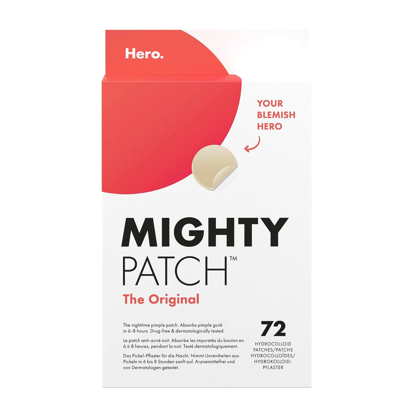 Mighty Patch Original pūtīšu plāksteri no Hero Cosmetics, mazi hidrokolloīda plāksteri aknes ārstēšanai, 72 gab.