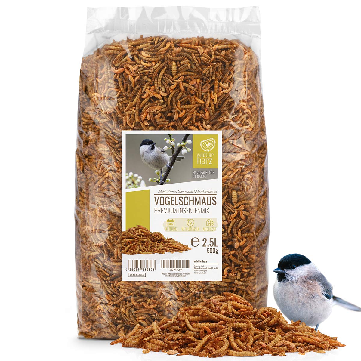 Putnu barība wildtier herz Vogelschmaus – augstākās kvalitātes kukaiņu maisījums ar kaltētiem miltu tārpiem, kukaiņu kāpuriem un Gammarus, 2,5 L