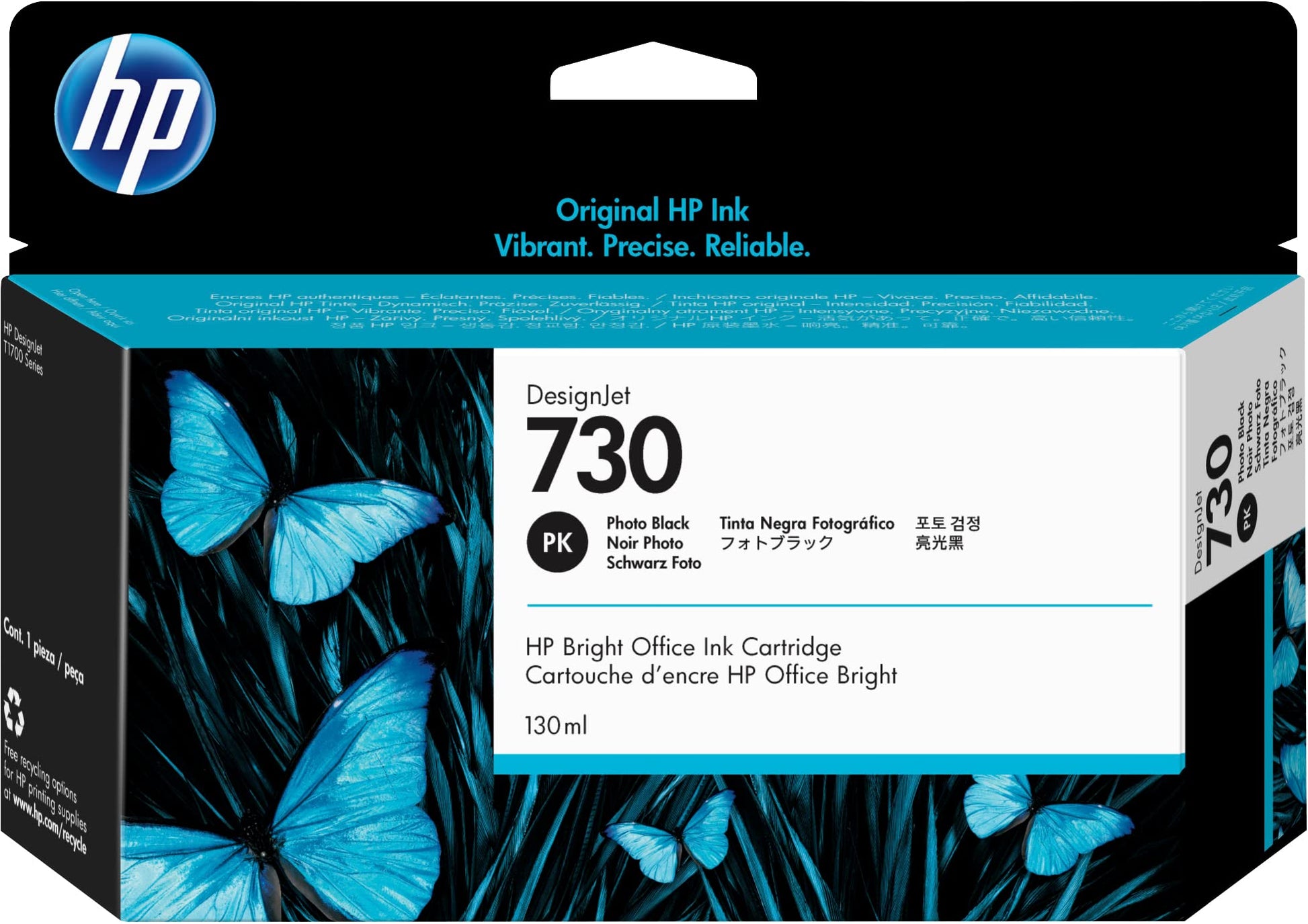 HP 730 (P2V67A) oriģinālā tintes kasetne - melna foto, 130 ml, augstas kvalitātes drukāšanai DesignJet printeriem.