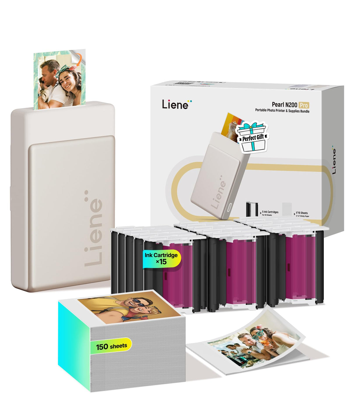 Liene Pearl N200 Pro Max komplekts, pārnēsājams mini foto printeris ar krāsu sublimāciju, Bluetooth, 300 DPI, tūlītējais printeris iPhone/Android, akumulators, zelta
