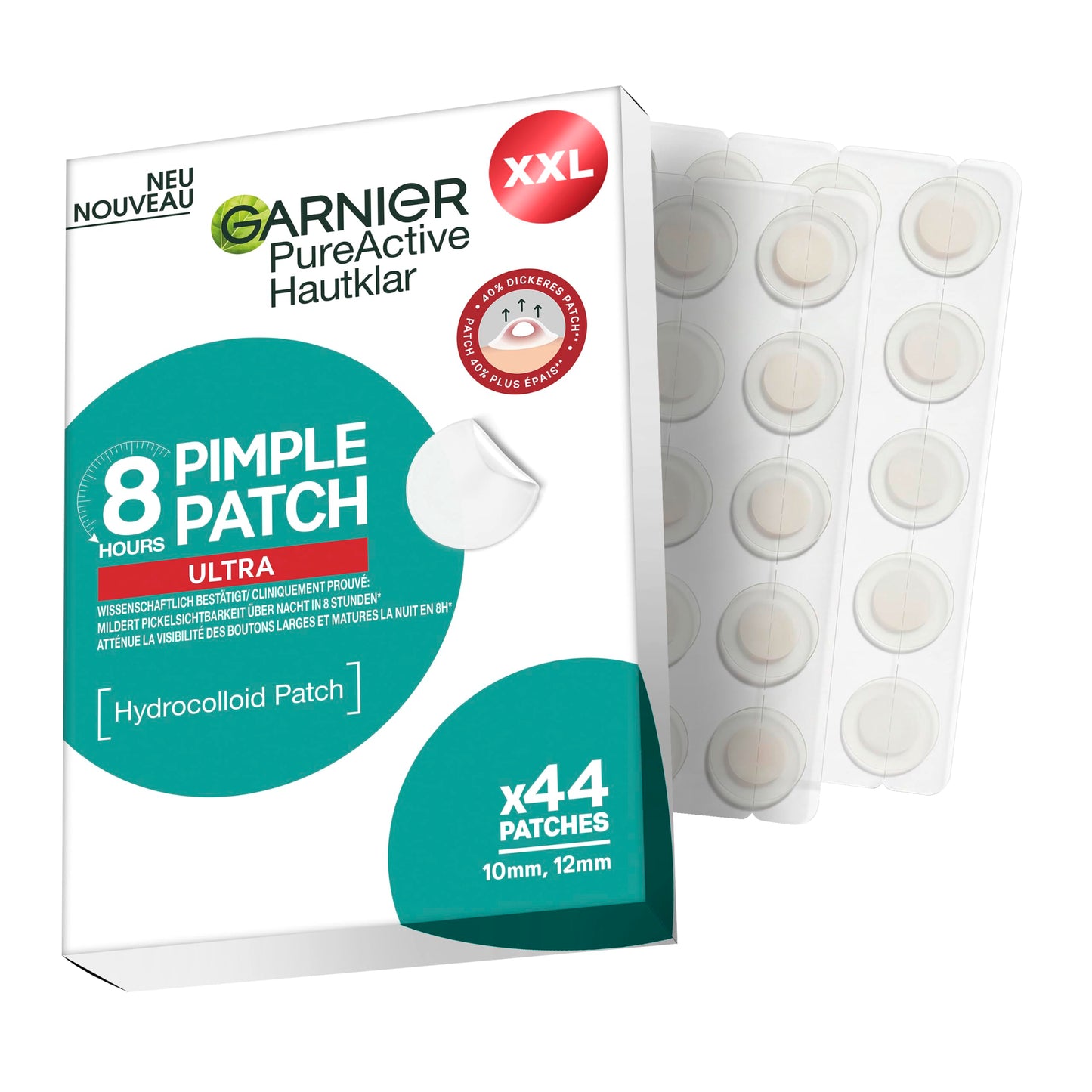 Pūtīšu plāksteri Garnier PureActive Hautklar Pimple Patch Ultra XXL Pack, hidrokoloīda pretpumpu plāksteri, 44 gab.