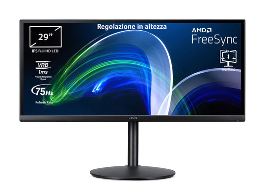 Acer CB292CUbmiipruzx - 29" IPS Full HD, 75Hz, 1ms, 21:9, HDMI 2.0, DP 1.4, USB-C, integrated speakers, height adjustable.