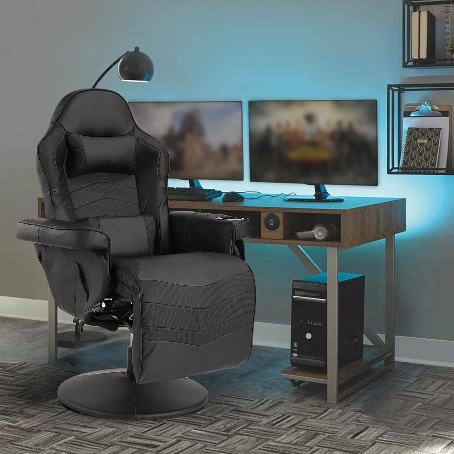 Gaming krēsls Consofa ar kāju balstu, masāžas gaming krēsls, PU āda, atpūtas krēsls ar regulējamu augstumu, grozāms spēļu krēsls ar jostasvietas balstu, glāžu turētāju, sānu kabatu