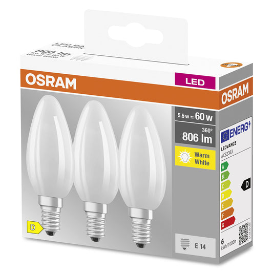 LED spuldze E14 Osram Star Filament, matēts stikls, silti balta 2700K, 806 lm, 60W ekvivalents, nedimmējama, 3 gab.