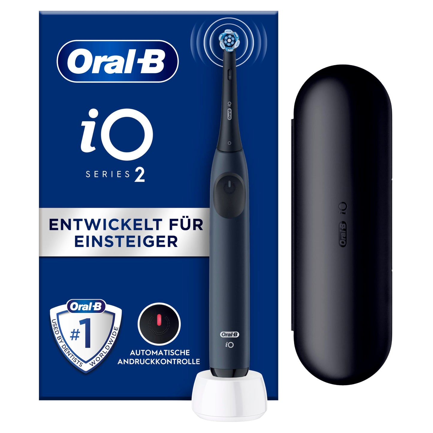 Oral-B iO Series 2 elektriskā zobu birste, elektriskā zobu birste, 1 uzlikamā suka, 3 tīrīšanas režīmi zobu kopšanai, magnētiskā tehnoloģija, ceļojumu etuijs, izstrādājusi Braun, okeāna zils
