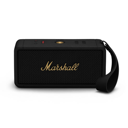 Marshall Middleton bezvadu portatīvais Bluetooth skaļrunis, vairāk nekā 20 stundas portatīvā spēlēšanas laika, ūdensizturīgs IP67 – melns un misiņš