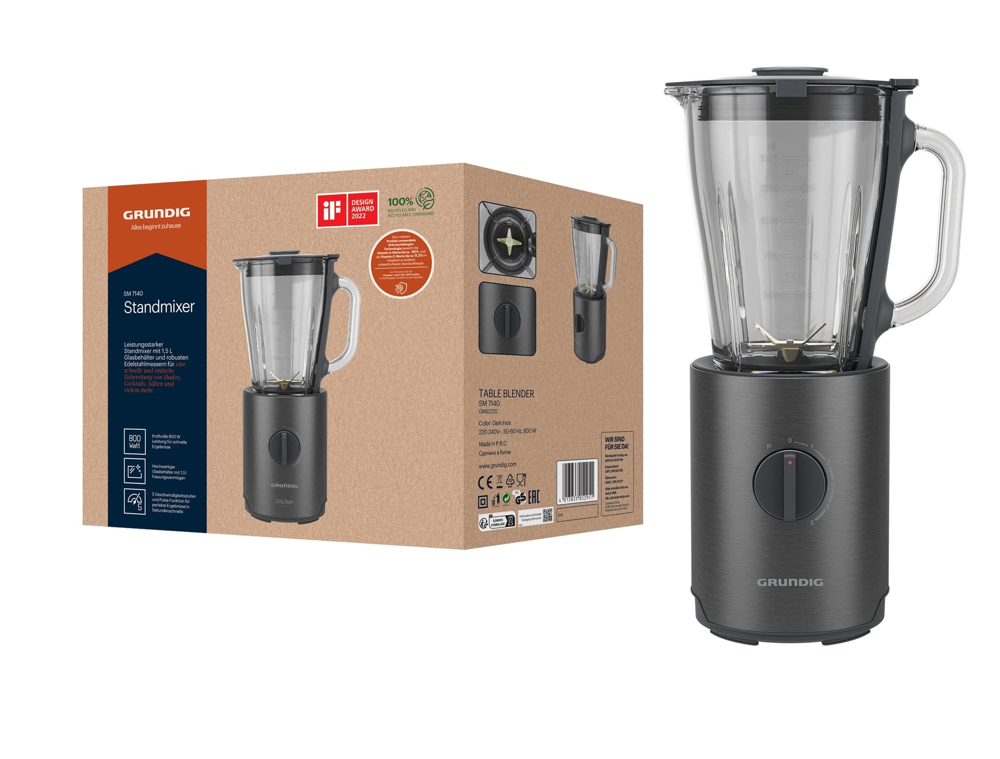 Grundig Delisia Novus SM 7140 - 1.5L, 800W, 6-blade stainless steel, 5 speeds + pulse, dark stainless steel finish.