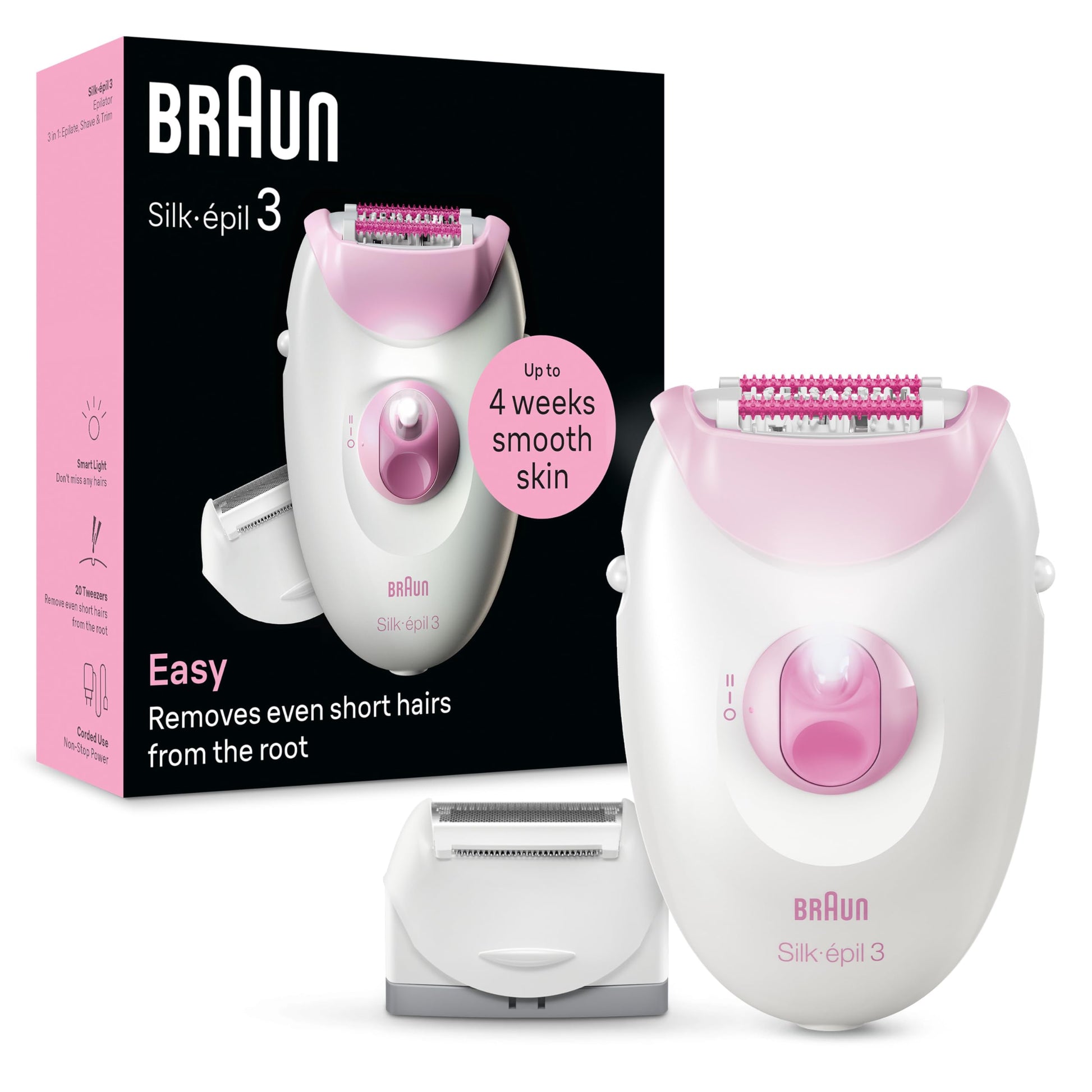 Braun Silk-épil 3, vadu epilators sievietēm matu noņemšanai, Ladyshaver, skuvekļa uzgalis un trimmera uzgalis, 3-031, rozā