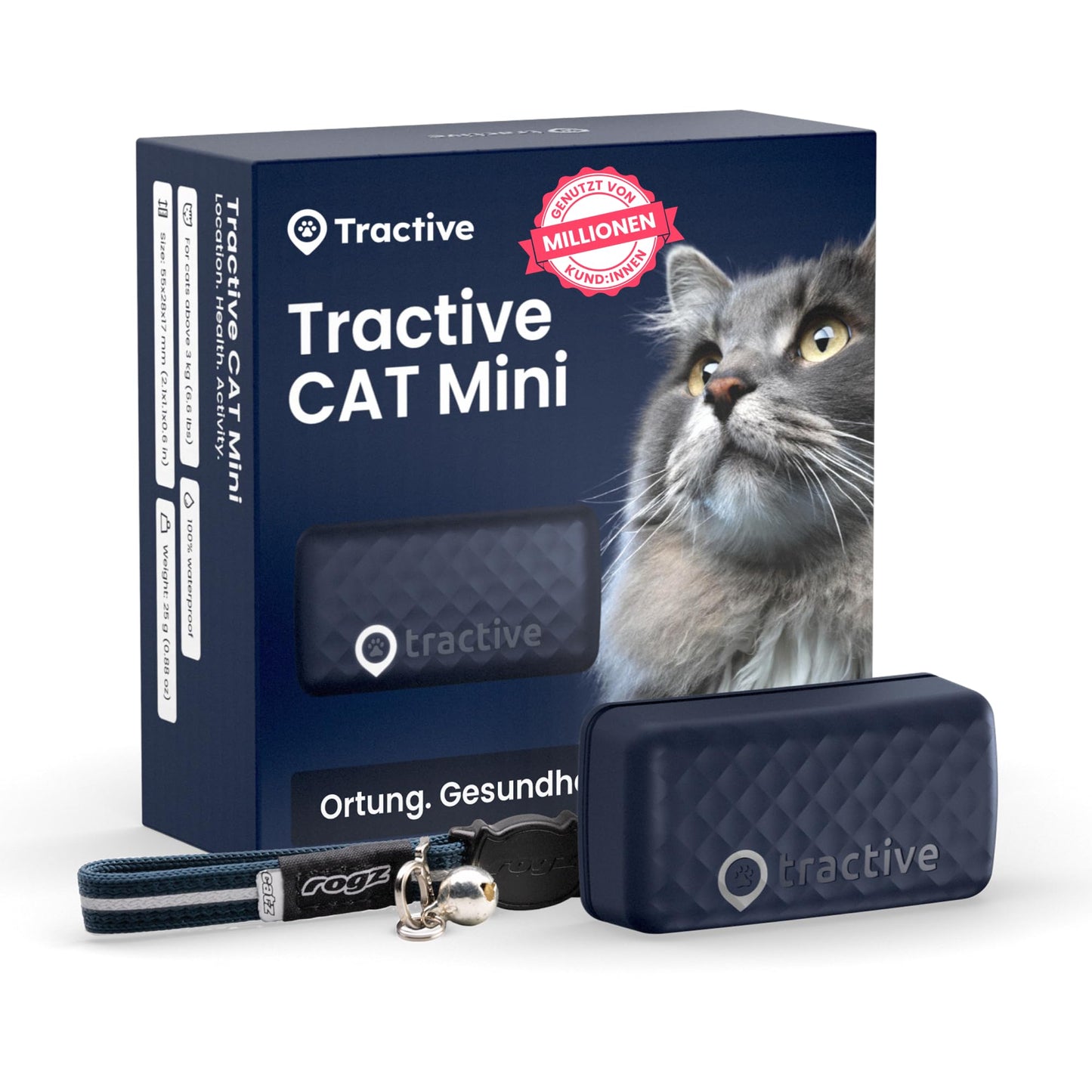 Tractive Mini viedais kaķu GPS sekotājs | tirgus līderis GPS sekotājs kaķiem | tiešraides atrašanās vieta | teritorija un maršruta vēsture | drošības kaklasiksna iekļauta (tumši zils)