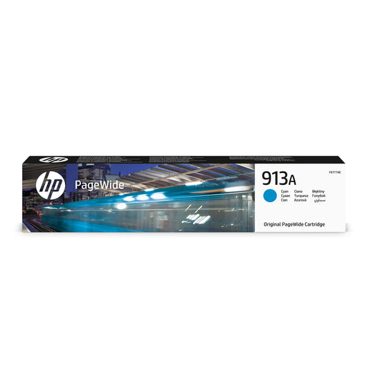 HP 913A Blue Ink Cartridge - Original, compatible with HP PageWide 352, 377, Pro 452, 477 printers.