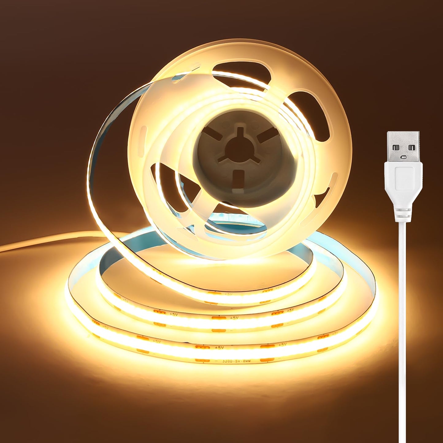 COB LED lente luktix 1.5m USB, silti balta 3000K, 8mm plata, CRI 92