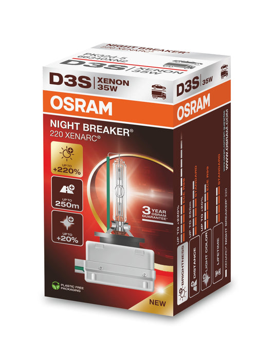 OSRAM XENARC NIGHT BREAKER 220, D3S, +220% vairāk gaismas, Xenon lukturu spuldze, 66340XN2, salokāma iepakojumā (1 spuldze)