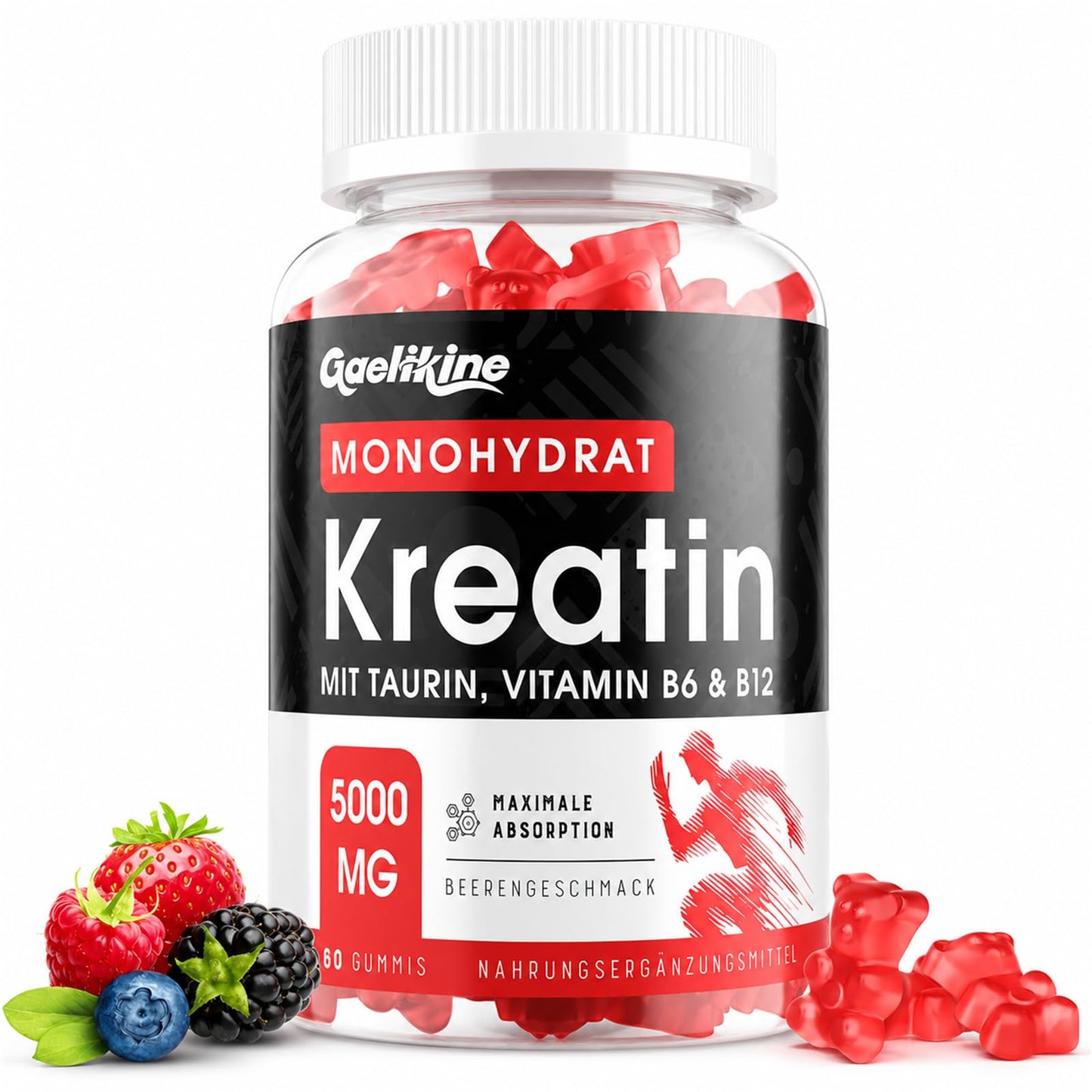 Kreatīns monohidrāts GAELIKINE gumijās 5000 mg, ar taurīnu, B12 un B6 vitamīnu, alternatīva kreatīna kapsulām un pulverim, vegāns, ogu garša (60 gab. (1 iepakojums))