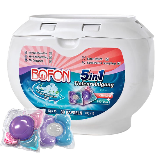 BOFON veļas kapsulas 5-in-1 formula, veļas plāksnītes, saudzīgas ādai, piemērotas jutīgai ādai un zīdaiņiem, 30 mazgāšanas reizes (30 stück (1er Pack))
