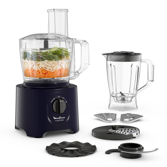 Moulinex Easy Force daudzfunkcionāla virtuves mašīna, 800 W, 25 funkcijas, 2 ātruma līmeņi + impulss, 6 piederumi, tostarp stacionārais mikseris, Compact FP247810, nakts zila