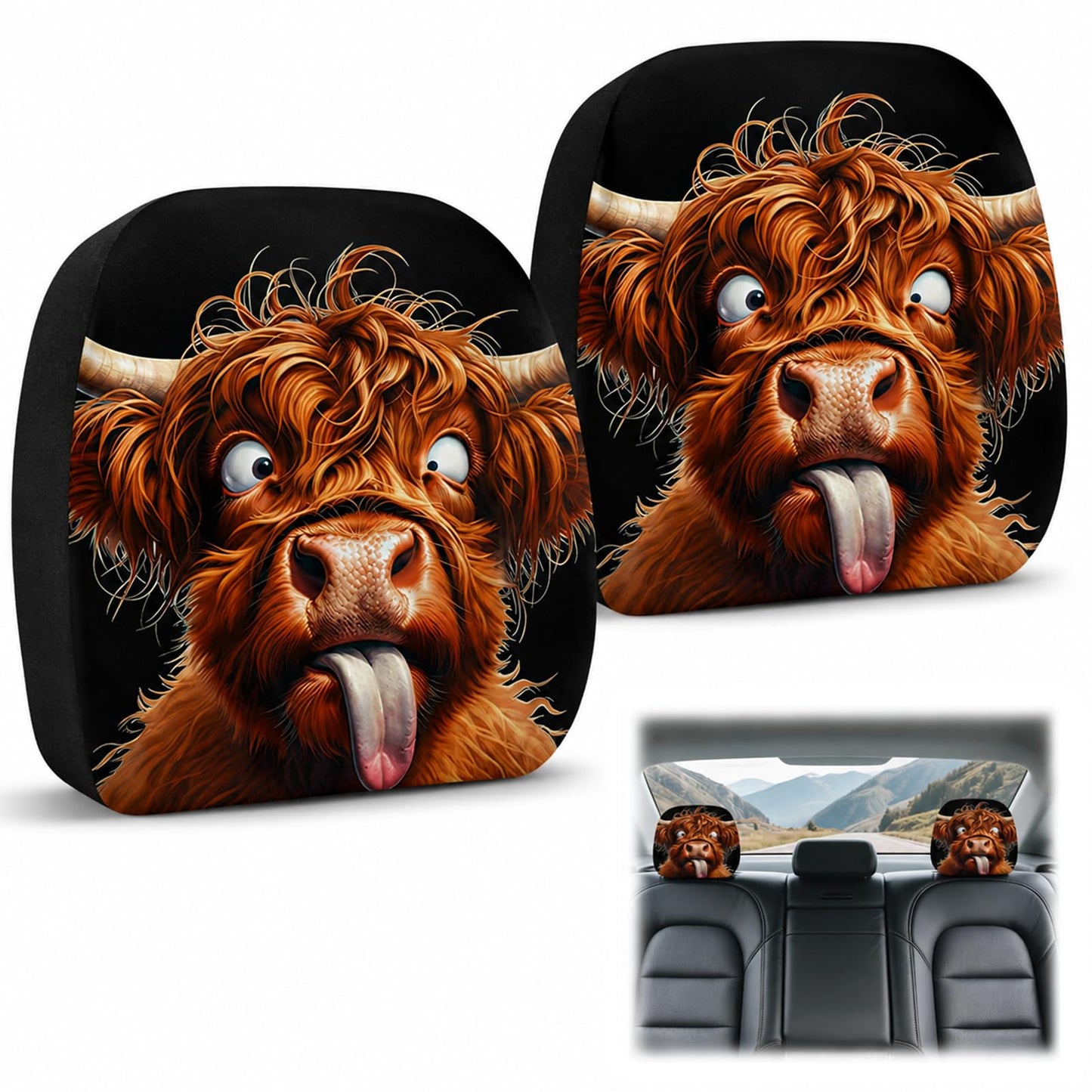 Auto galvas balsta pārvalks Velvahue Highland Cow, smieklīgs, 2 gab., 26x28cm