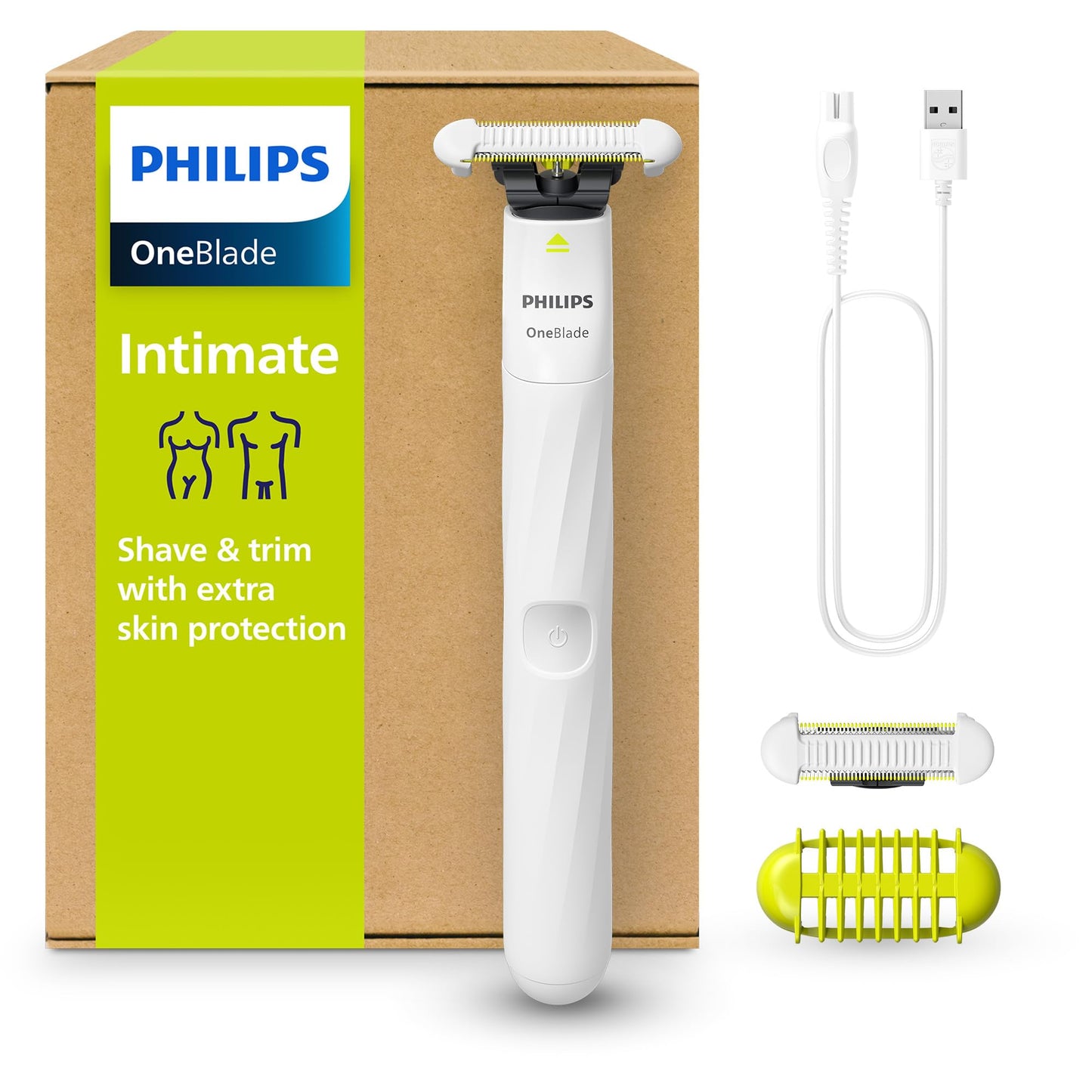 Philips OneBlade Intimate - Elektriskais intīmās skūšanās un trimmeris sievietēm un vīriešiem, ar papildu ādas aizsardzību, 2x SkinProtect asmeņi, 1x 3-mm trimmera uzgalis, QP1924/30, balts