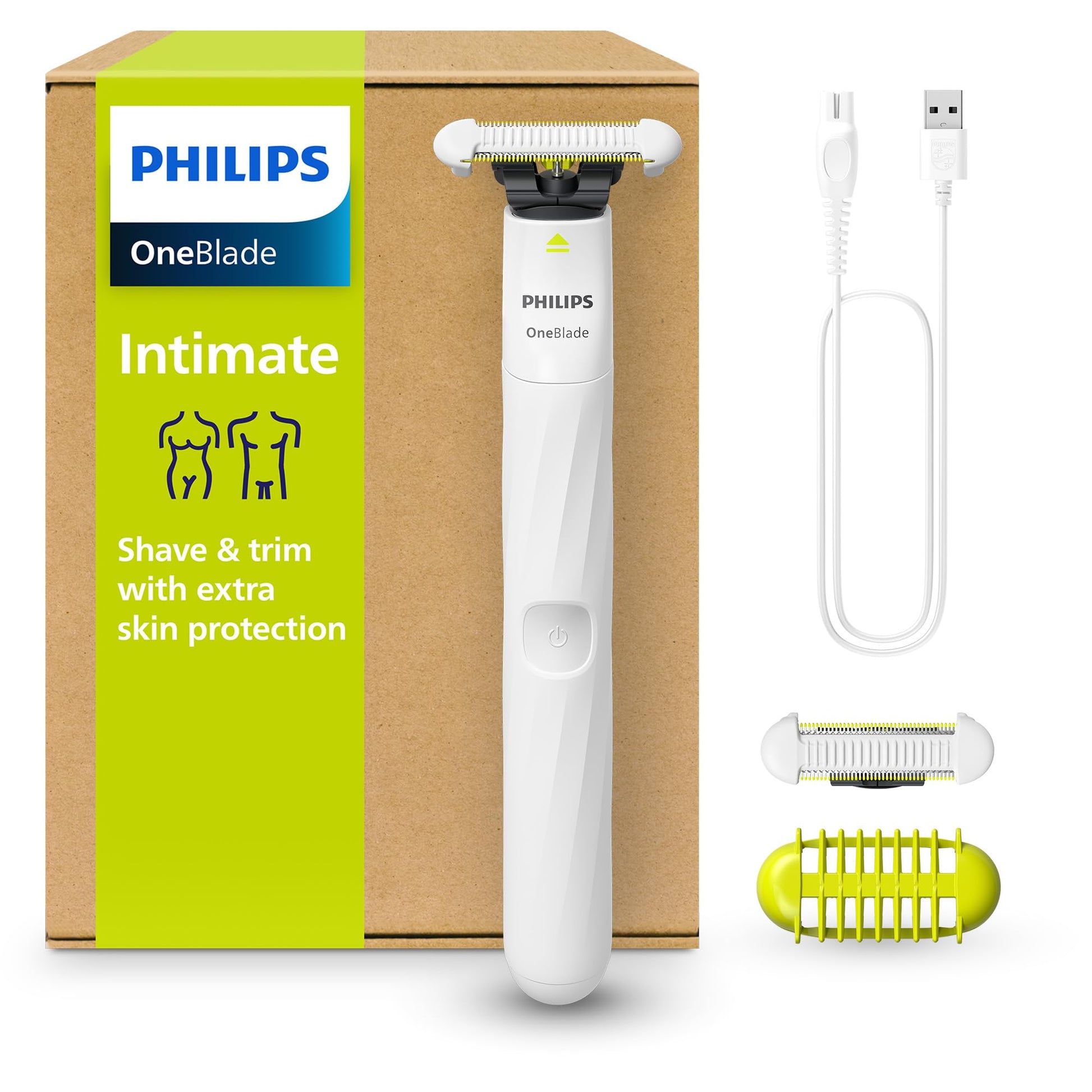 Philips OneBlade Intimate - Elektriskais intīmās skūšanās un trimmeris sievietēm un vīriešiem, ar papildu ādas aizsardzību, 2x SkinProtect asmeņi, 1x 3-mm trimmera uzgalis, QP1924/30, balts