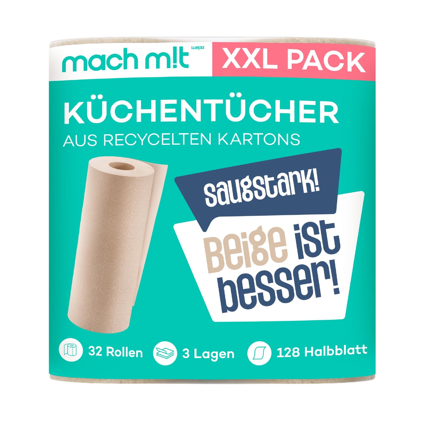 Küchenrolle 3-kārtu, 32 x 128 puse loksnes, balta, bez balinātājiem, Made in Germany, no pārstrādāta kartona, īpaši uzsūcoša, pārstrādājama, mach m!t Pure