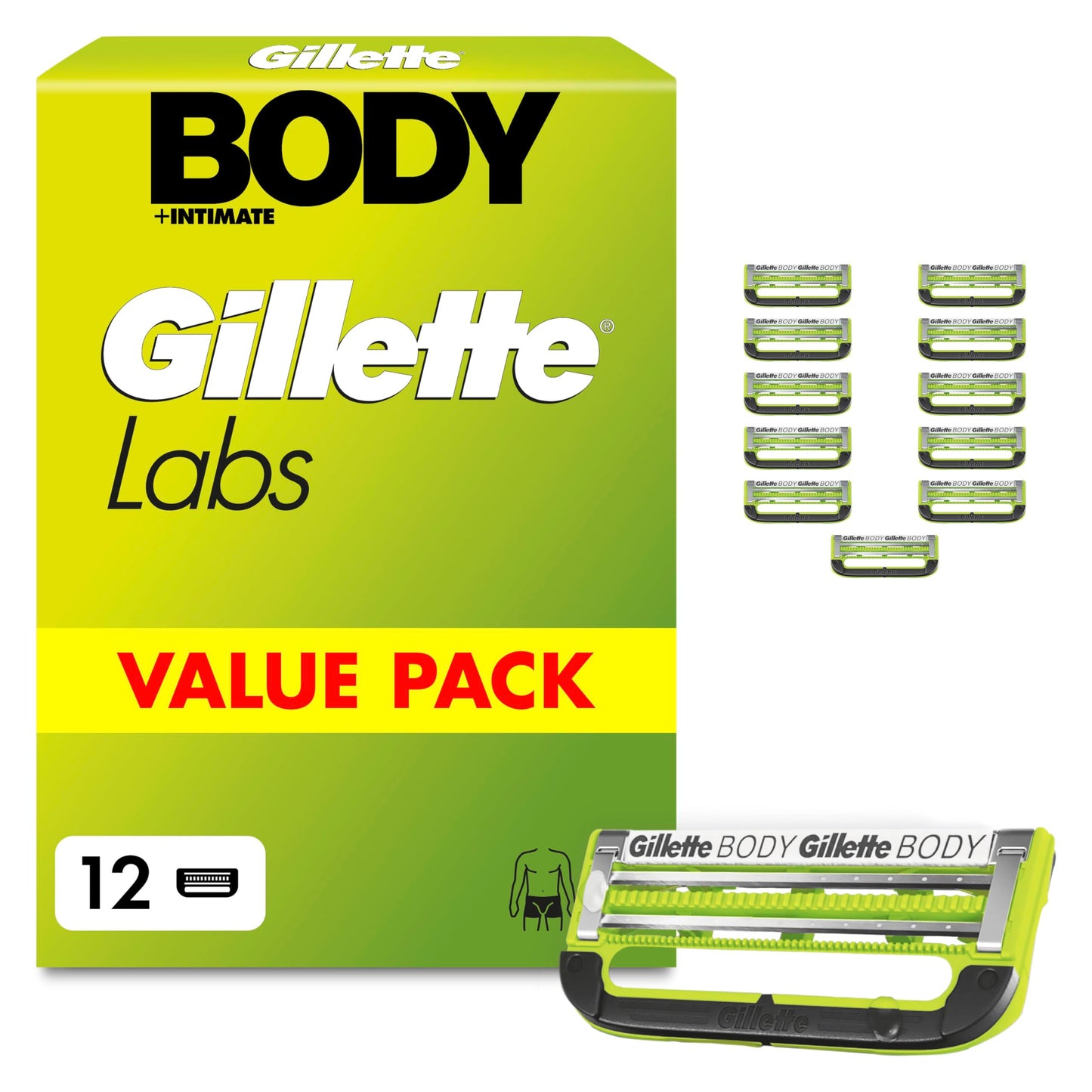 Skūšanās asmeņi Gillette Labs Body & Intimate, 12 oriģinālās rezerves kasetnes, zaļas