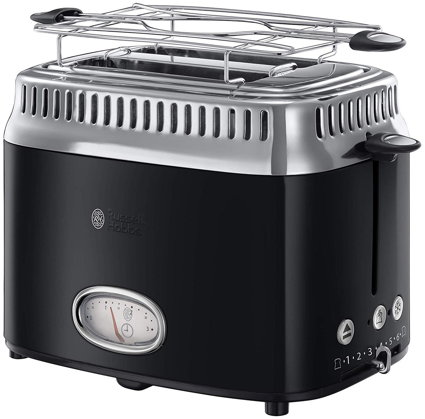 Russell Hobbs tosteris [2 šķēlēm] retro nerūsējošā tērauda melns (atpakaļskaitīšanas displejs retro dizainā, ieskaitot maizīšu uzgaļa piederumu, 6 brūnināšanas līmeņi + atkausēšanas un uzsildīšanas funkcija, 1300W) vintage 21681-56