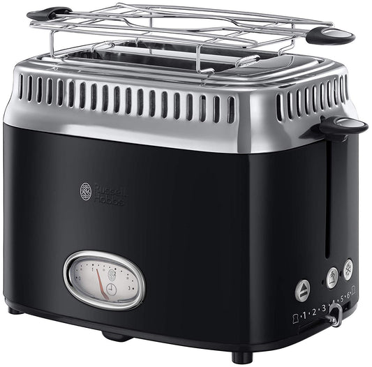 Russell Hobbs tosteris [2 šķēlēm] retro nerūsējošā tērauda melns (atpakaļskaitīšanas displejs retro dizainā, ieskaitot maizīšu uzgaļa piederumu, 6 brūnināšanas līmeņi + atkausēšanas un uzsildīšanas funkcija, 1300W) vintage 21681-56