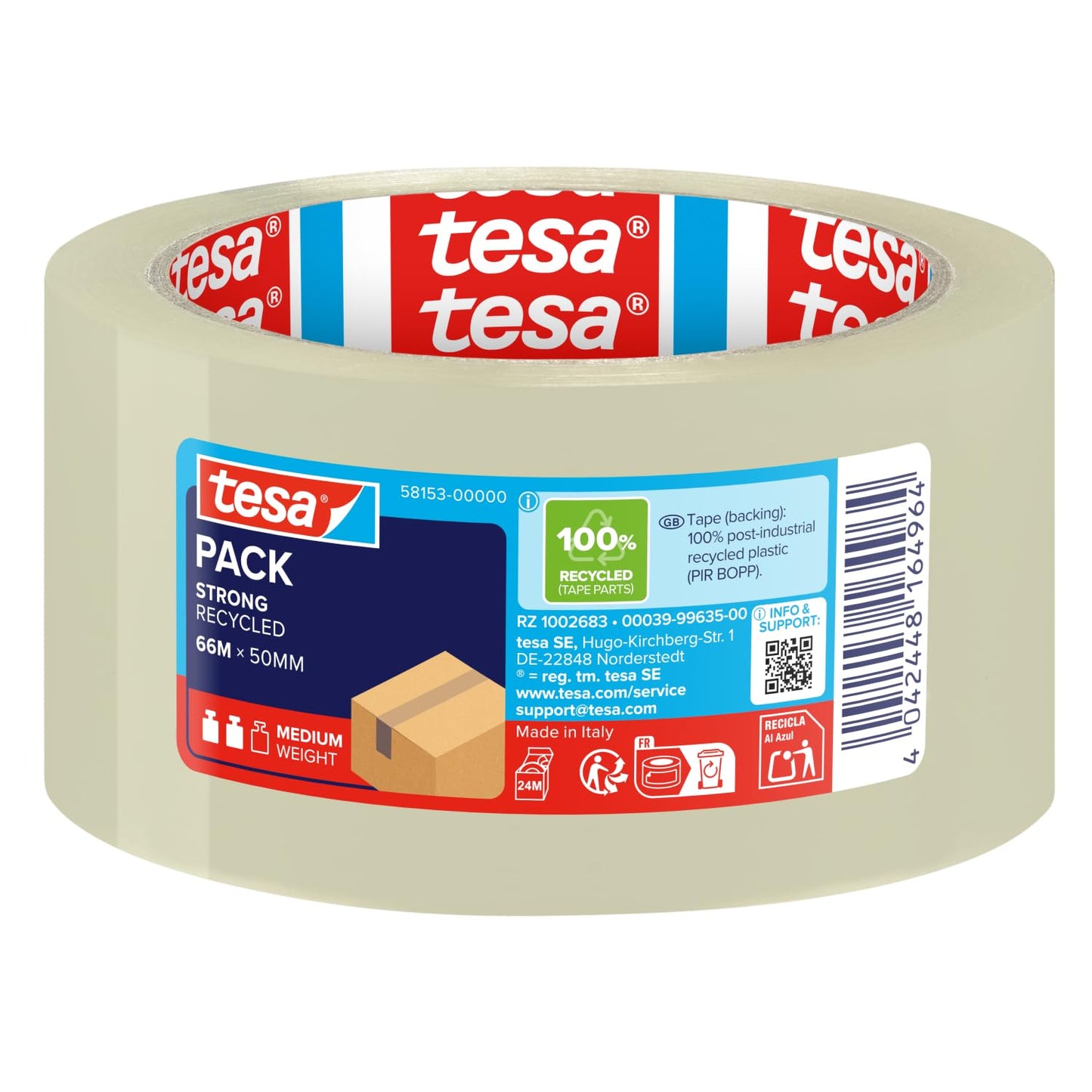 tesa tesapack STRONG RECYCLED iepakojuma līmlente, 66 m x 50 mm, caurspīdīga