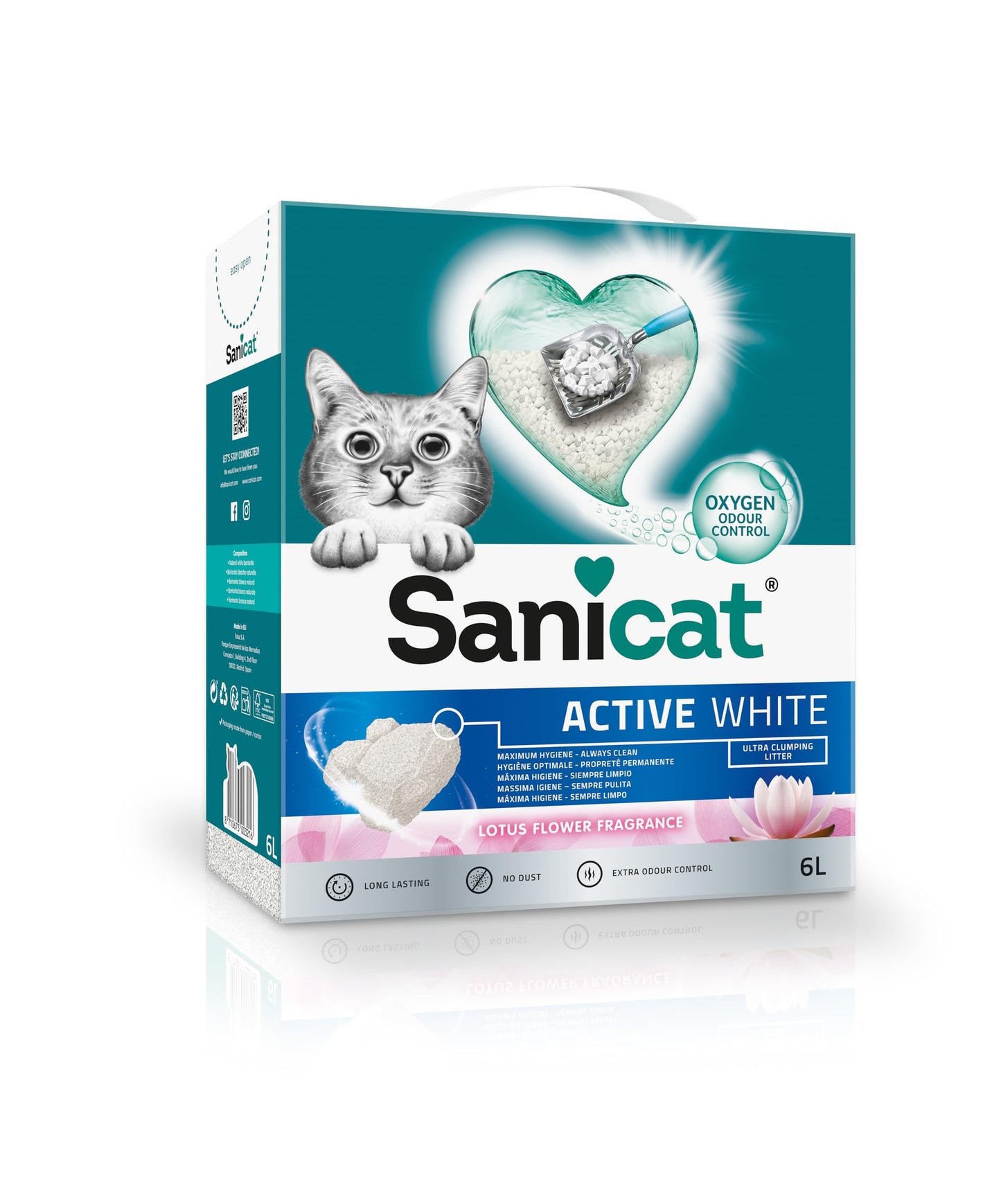 Kaķu pakaiši Sanicat Active White ar lotosa ziedu aromātu, dabīgie minerāli, smaku saistīšana, mitruma uzsūkšana, 6 l