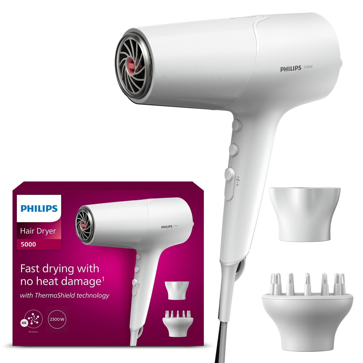 Philips matu fēns 5000 sērija, ThermoShield tehnoloģija, jonizācijas funkcija, 2100 W, balts, ar stila uzgali un apjoma difuzoru, modelis BHD500/20