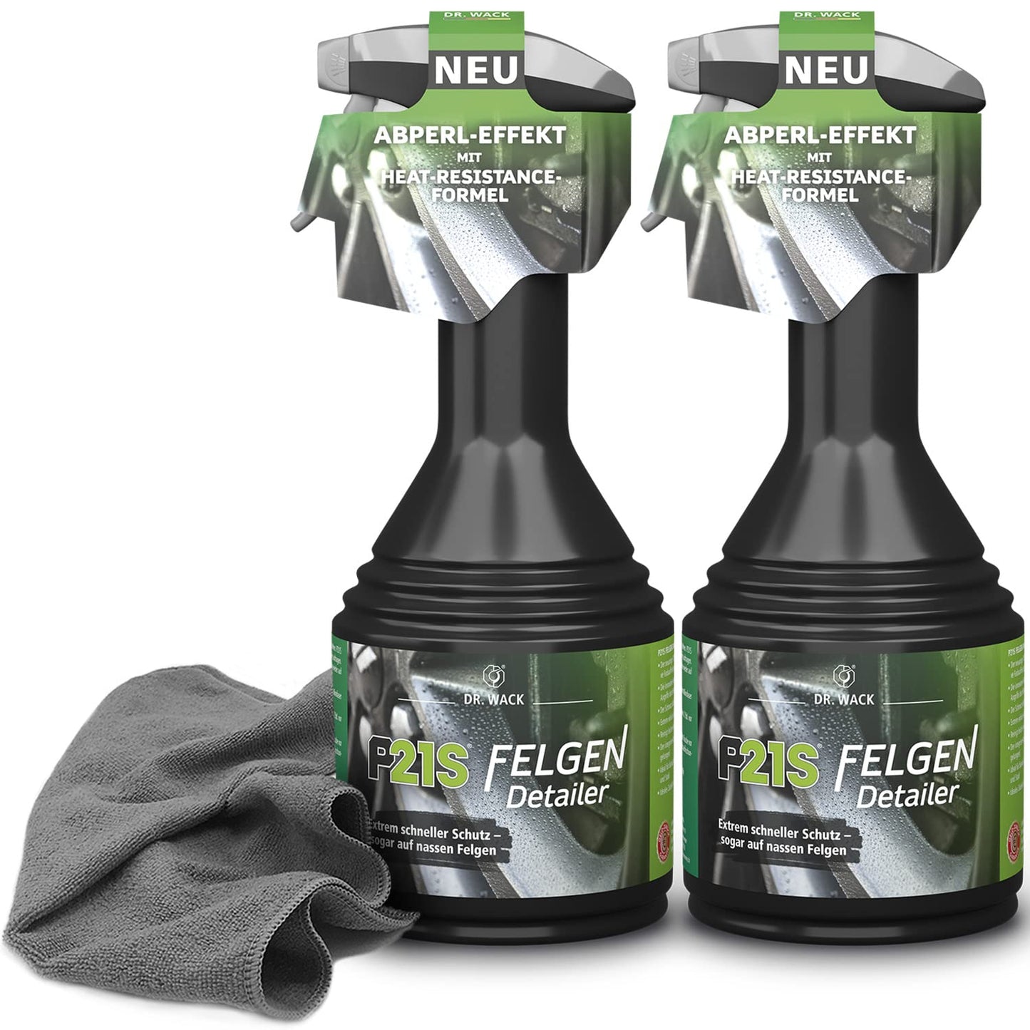 Auto diskiem paredzēts detailers Dr. Wack P21S 2x 500ml ar detaļu lupatiņu 300GSM 40x40cm, tīra, aizsargā, piešķir spīdumu un ūdens atgrūdošu efektu