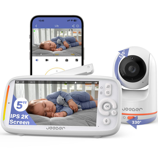 Baby monitors ar kameru jeeber 2K/3MP WLAN Babyphone mit Kamera App, 5-Zoll-IPS Baby Monitor, 360°