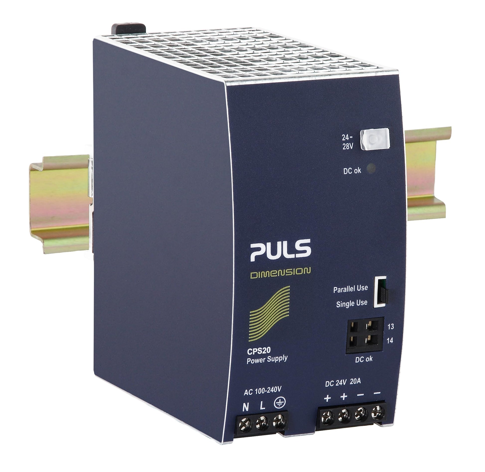 PULS CPS20.241 DIN rail power supply, 24 V/DC, 20 A, 480 W, single output, compact design for industrial use.