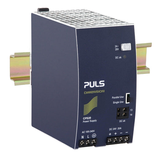 PULS CPS20.241 DIN rail power supply, 24 V/DC, 20 A, 480 W, single output, compact design for industrial use.