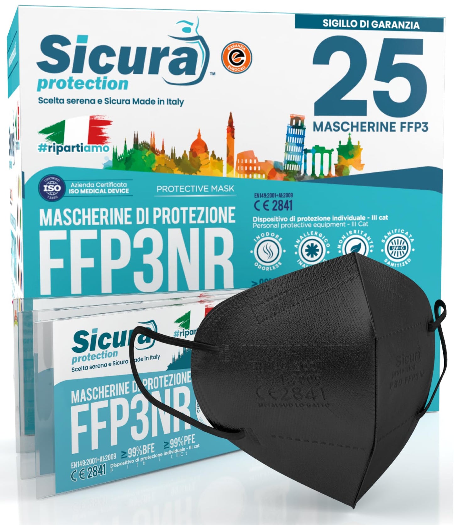 FFP3 maskas 25 gab. melnas, Made in Italy, sanitarizētas, individuāli iepakotas