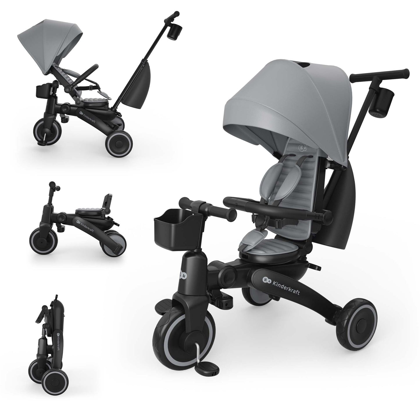 Bērnu tricikls Kinderkraft Jazz 3 salokāms no aptuveni 9 mēnešiem līdz 25 kg, 360° grozāms sēdeklis, pusguļus pozīcija uz priekšu/atpakaļ, UPF 50+ jumtiņš ar ūdens atgrūdošu pārklājumu, brīvgaitas un stūres režīms, pelēks