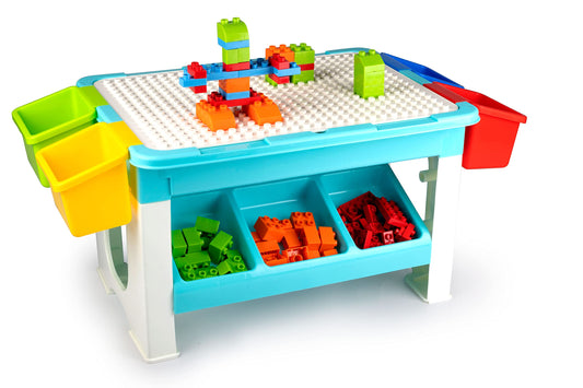 Eddy Toys rotaļlietu komplekts - spēļu galds ar celtniecības klucīšiem un uzglabāšanas kastēm, daudzkrāsains, no 3 gadiem.