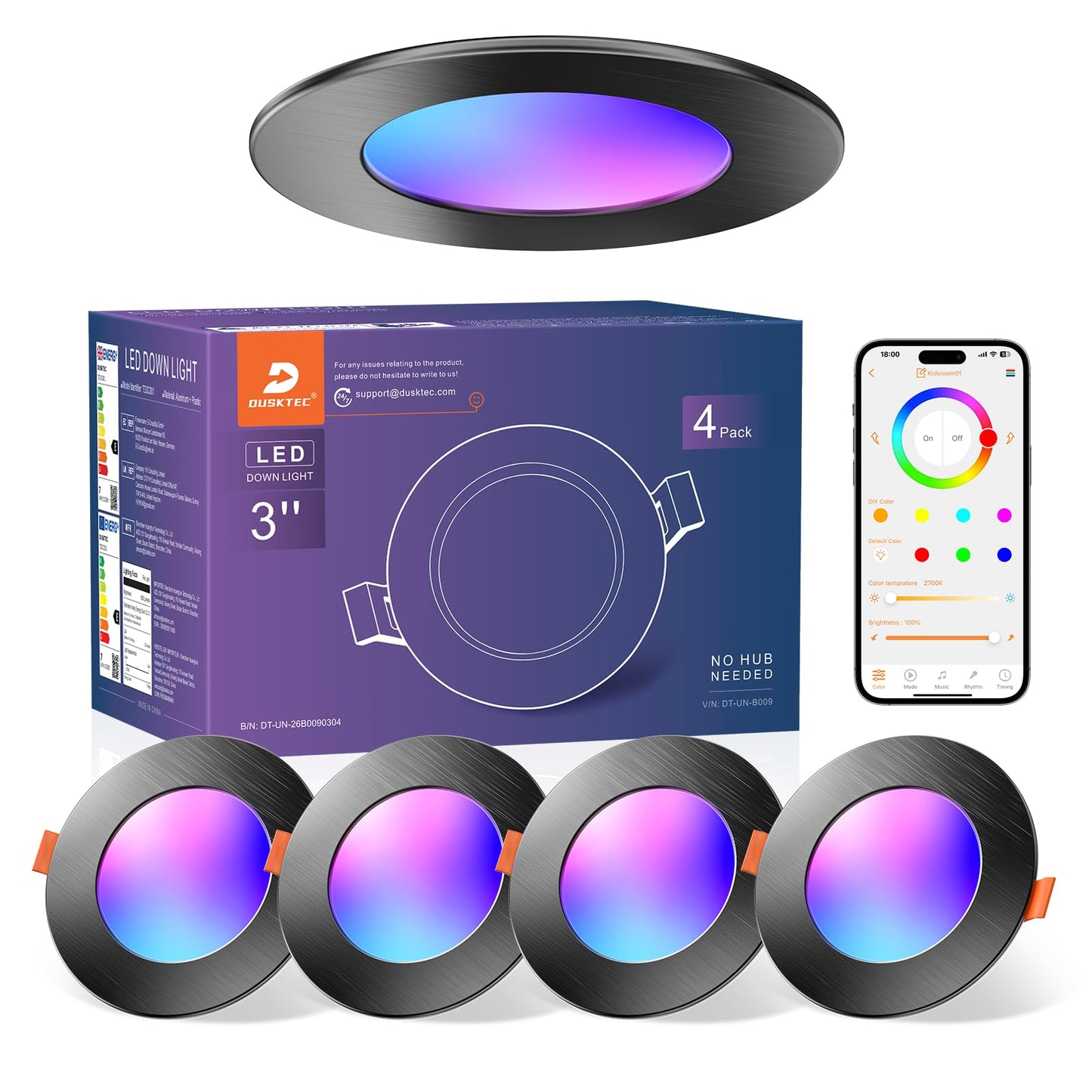LED iebūvējamie prožektori RGB Smart, 4 gab., LED spoti 230V, melni 7W 660LM
