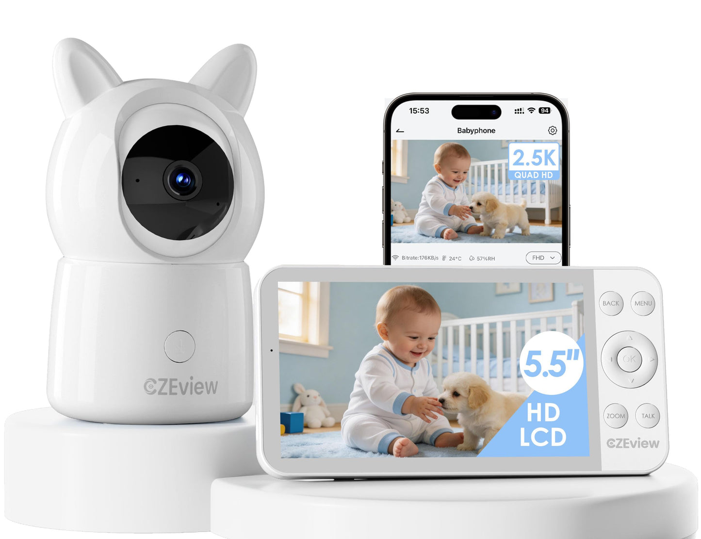 CZEview baby monitors ar kameru 2.5K un 5.5 collu HD lielais ekrāns, nakts redze, 360° Wi-Fi video bērnu monitors ar lietotni, mūziku un krāsainu naktsgaismu, vieda noteikšana, balts ar 1 kameru