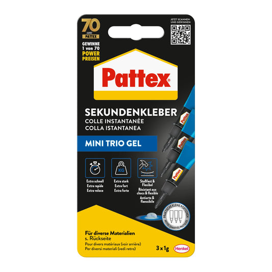 Pattex sekundlīme Ultra Gel Mini Trio, īpaši stipra un elastīga superlīme 3 tūbiņās, želejveida sekundlīme gumijai, ādai, kokam, 3x 1 g tūbiņa, 9H PSMG3