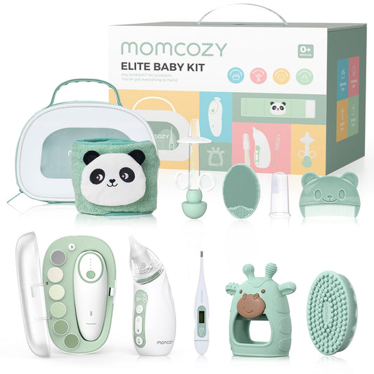 Momcozy Elite Baby Kit bērnu kopšanas komplekts, premium zīdaiņu dāvanu un pirmās nepieciešamības komplekts, kopšanai, veselībai un tīrīšanai, elektriska nagu vīlīte un deguna aspirators, sildoša josta, termometrs, vannas birste, zobgrauznis
