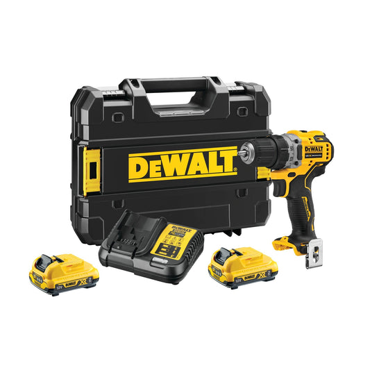 Dewalt DCD701D2 - bezsuku motors, 15 pakāpju griezes moments, 2 ātrumu pārnesumkārba, 2x 12V akumulatori, lādētājs.