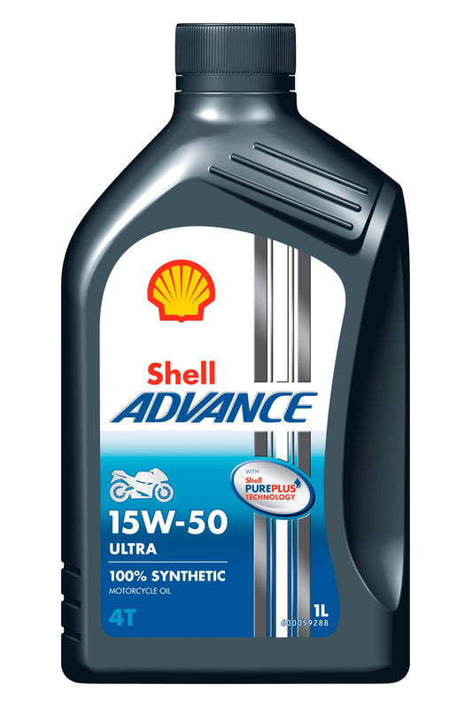 SHELL Advance 4T Ultra 15W-50 1 l | 100% sintētiska eļļa 4-taktu dzinējiem | PurePlus tehnoloģija un aktīva tīrīšana | API SN JASO MA2 | Ieteikts Ducati | Maksimāla aizsardzība un tīrīšana