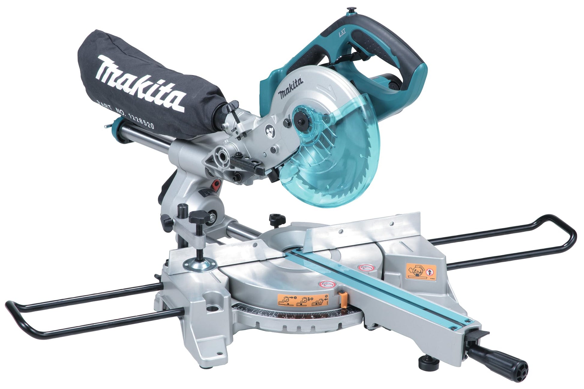 Makita DLS713NZ - akumulatora kapšanas un leņķa zāģis, 190 mm asmens, motora bremze, grozāms galds, 655x430x454 mm.