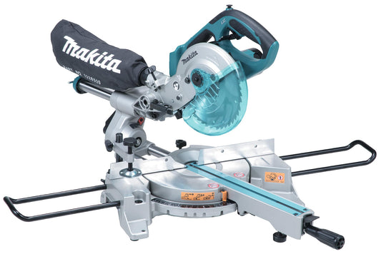 Makita DLS713NZ - akumulatora kapšanas un leņķa zāģis, 190 mm asmens, motora bremze, grozāms galds, 655x430x454 mm.